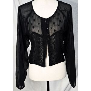 Vintage 90s Y2K Boho Top Cropped Black Whimsigoth Embroidered Long Sleeve